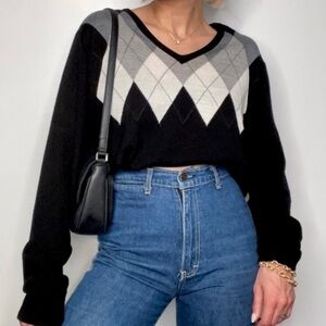 Vintage Black and Gray V-Neck Sweater